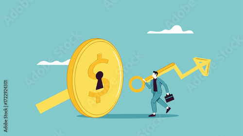 smart businessman investor holding big key to open coin keyhole, unlock secret gift for invest, key to investing or financial wealth, open to investment opportunities concept illustration flat style
