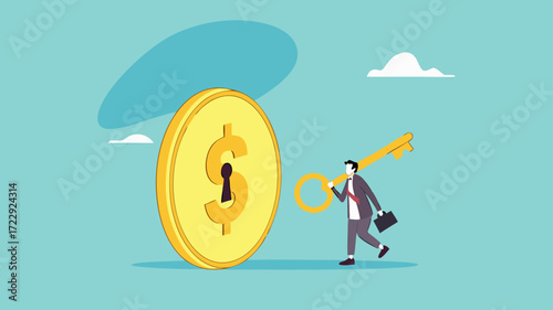 smart businessman investor holding big key to open coin keyhole, unlock secret gift for invest, key to investing or financial wealth, open to investment opportunities concept illustration flat style