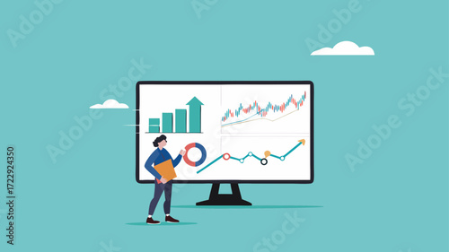 data analyst illustration, Financial Analyst Or Consultant, analysis of economic growth graphs, business growth analysis, businessman analyze data with magnifying glass and company document