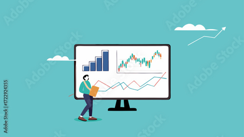 data analyst illustration, Financial Analyst Or Consultant, analysis of economic growth graphs, business growth analysis, businessman analyze data with magnifying glass and company document