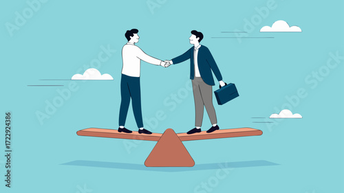 business agreement, cooperation in business to achieve certain targets, with an illustration of two business people shaking hands on seesaw. business balancing concept illustration with flat style