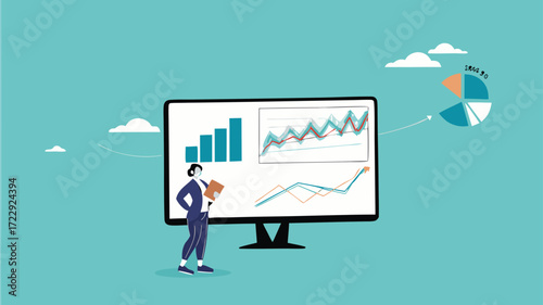 data analyst illustration, Financial Analyst Or Consultant, analysis of economic growth graphs, business growth analysis, businessman analyze data with magnifying glass and company document