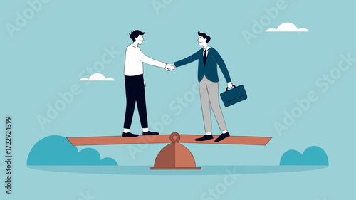 business agreement, cooperation in business to achieve certain targets, with an illustration of two business people shaking hands on seesaw. business balancing concept illustration with flat style