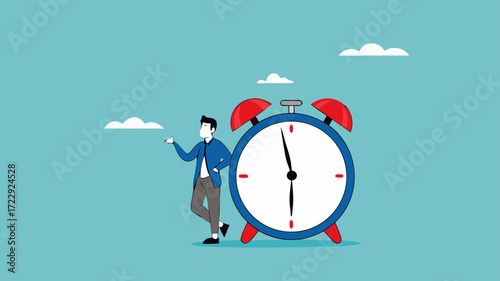 time for a break illustration with concept of businessman is resting while drinking coffee and leaning on a big clock, coffee break time to relax and refresh from long stress concept illustration