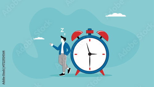 time for a break illustration with concept of businessman is resting while drinking coffee and leaning on a big clock, coffee break time to relax and refresh from long stress concept illustration