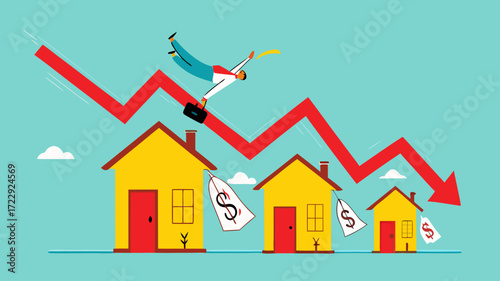 housing prices fall, decline in real estate and property prices, property investment losses, businessman fell from a red graph running down the roof of the house concept illustration