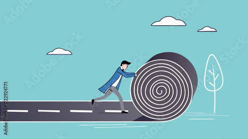 create a new career path for business success, start new opportunity to achieve target or goals, businessman making a road from asphalt carpet concept illustration