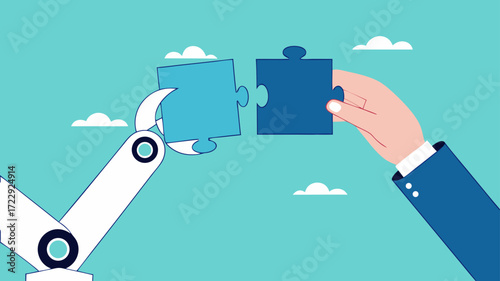 AI robot with businessman illustration with the concept of hand AI robots and humans solving puzzles suitable for describe AI with future of the work, work with artificial intelligence concept design