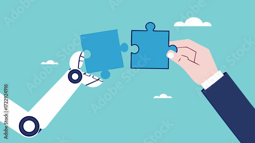 AI robot with businessman illustration with the concept of hand AI robots and humans solving puzzles suitable for describe AI with future of the work, work with artificial intelligence concept design