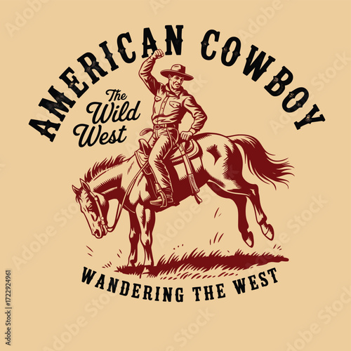 Cowboy T-Shirt Vector,  Retro Wild West Illustration with Cowboy, Desert Scenery, and Western Elements – Perfect for Apparel Prints, Posters, and Western Adventure Graphics
