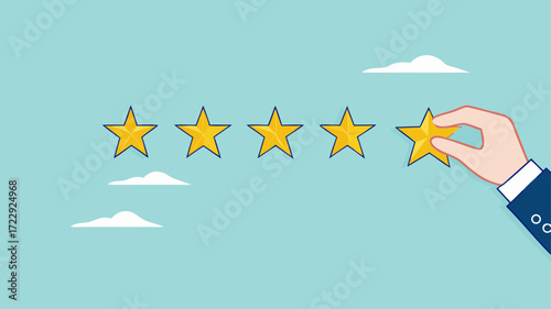 five star rating illustration with concept of hand puts a star to give five star rating, business people hand placing 5 stars rating flat with flat design style, hand of customer holding review stars