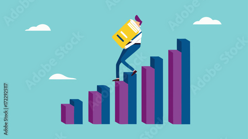 effort or work hard to get higher education, success step to achieve higher education, students climb the growth chart while carrying big book concept vector illustration with flat design style