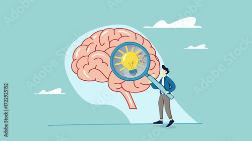 brain searching idea, looking for new business strategies or opportunities, finding solution to a problem concept, businessman looking for light bulb idea from human brain using magnifying glass