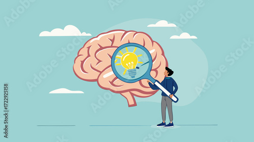 brain searching idea, looking for new business strategies or opportunities, finding solution to a problem concept, businessman looking for light bulb idea from human brain using magnifying glass