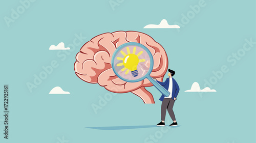 brain searching idea, looking for new business strategies or opportunities, finding solution to a problem concept, businessman looking for light bulb idea from human brain using magnifying glass