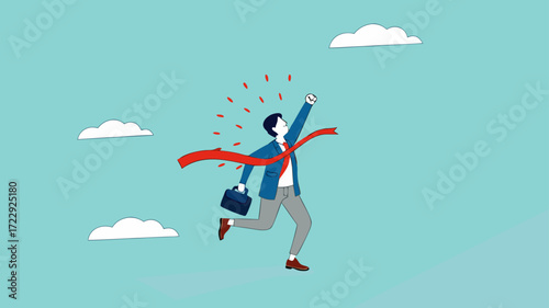 career success or business objective, achieve business goal, happy businessman crossing the ribbon line of business goals concept vector illustration with flat design style