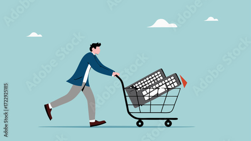 property investment, business people push shopping carts containing property buildings for real estate investment concept vector illustration with flat design style