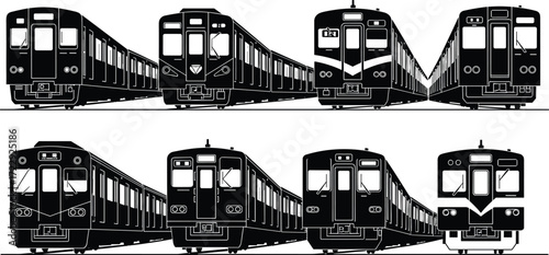 Commuter train and subway silhouette set with urban metro, railway carriages, and public transportation front view illustration for travel design