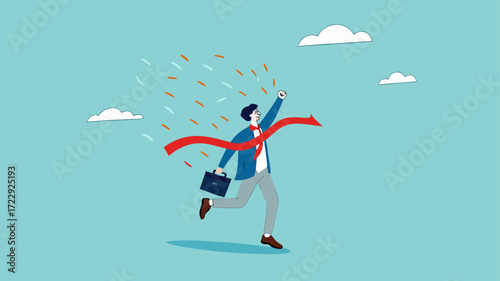 career success or business objective, achieve business goal, happy businessman crossing the ribbon line of business goals concept vector illustration with flat design style