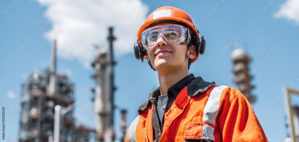Naklejka premium The young worker in safety gear smiles confidently at the industrial site.