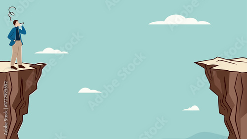 creative problem solving at work illustration with the concept of a businessman who is looking for a way to cross the gap between two cliffs, challenge at work concept