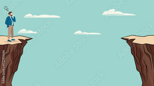 creative problem solving at work illustration with the concept of a businessman who is looking for a way to cross the gap between two cliffs, challenge at work concept