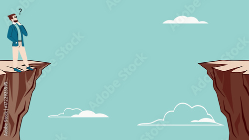 creative problem solving at work illustration with the concept of a businessman who is looking for a way to cross the gap between two cliffs, challenge at work concept