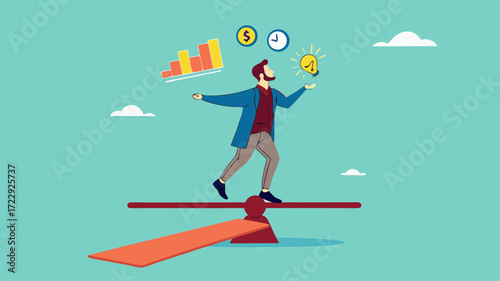 multiple project management concept illustration, juggle multiple project concept, professional businessman manage multiple project at the some time vector illustration while standing on seesaw