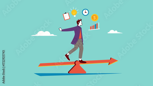 multiple project management concept illustration, juggle multiple project concept, professional businessman manage multiple project at the some time vector illustration while standing on seesaw