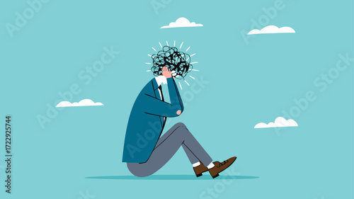 stress or anxiety, overthinking or mental exhaustion or negative emotional, depressed or top much worried, businessman overload to thinking about business with mess head