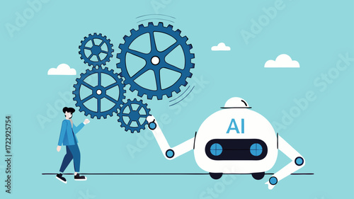 AI robot with people illustration with the concept of a businessman repairing gear with the help of an AI robot suitable to describe AI with future of the work, human collaboration with AI concept
