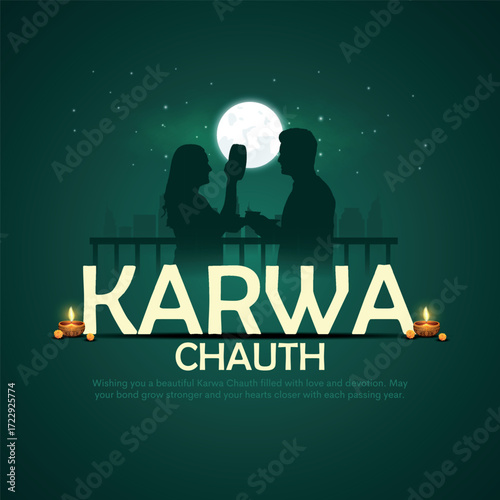 Indian Hindu Festival happy Karva Chauth background with couple doing Karwa Chauth. Creative vector illustration.