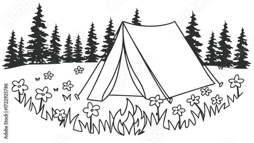 Camping tent and campfire illustration in a wild meadow