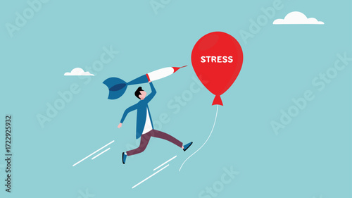 overcome stress and anxiety with businessman jumping to burst stress balloon using darts, stress management concept, Managing and Reducing Stress concept vector illustration