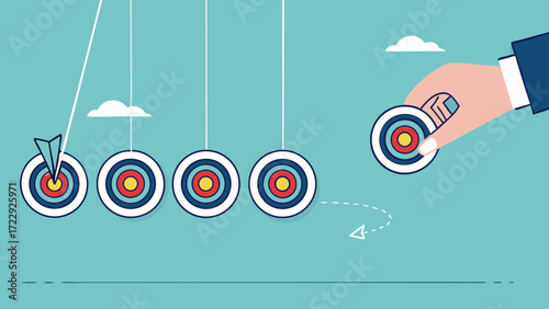 business target achievement as a milestone to achieve the next target, businessman pulling target board with bullseye arrow as e pendulum for milestone the next target