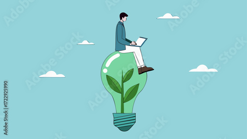 businesswoman working with computer on green sustainable light bulb, Environmental social and governance, sustainable business, industry using environmentally friendly energy or renewable energy, ESG