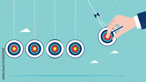 business target achievement as a milestone to achieve the next target, businessman pulling target board with bullseye arrow as e pendulum for milestone the next target