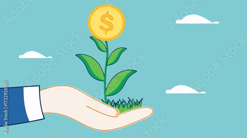 investment dividend growth, Get bigger profits and increase wealth from investments, businessman investor hand holding money flower plant concept vector illustration