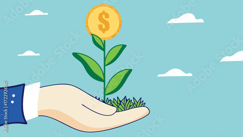 investment dividend growth, Get bigger profits and increase wealth from investments, businessman investor hand holding money flower plant concept vector illustration