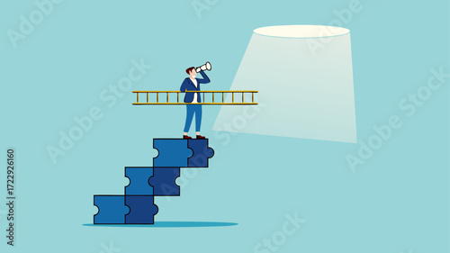 success step to achieve financial freedom or business goal, Business goals as profit target achievement process, the way to achieve goal, businessman making ladder from puzzle to the space of freedom