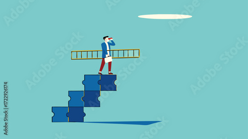 success step to achieve financial freedom or business goal, Business goals as profit target achievement process, the way to achieve goal, businessman making ladder from puzzle to the space of freedom