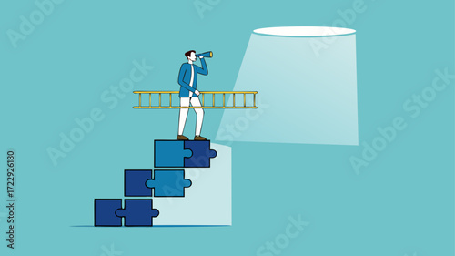 success step to achieve financial freedom or business goal, Business goals as profit target achievement process, the way to achieve goal, businessman making ladder from puzzle to the space of freedom