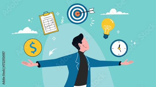 multiple project management concept illustration, juggle multiple project concept, professional businessman manage multiple project at the some time vector illustration with flat design style