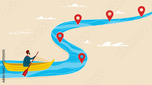 career path to success, the way to achieve goal, milestone or career path achievement, route or pathway to achieve goals, businessman riding a kayak towards achievement milestone to success