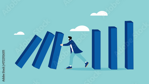 prevent economic recession illustration with concept of business people stop domino effect or financial chain reaction collapse, stop loss to avoid market crash or banking collapse illustration

