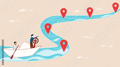 employee career roadmap to success, route or pathway to achieve goals, accomplishment, milestone or career path achievement, businessman with employee sail towards achievement milestone to success