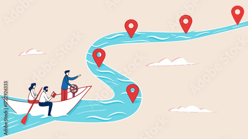 employee career roadmap to success, route or pathway to achieve goals, accomplishment, milestone or career path achievement, businessman with employee sail towards achievement milestone to success