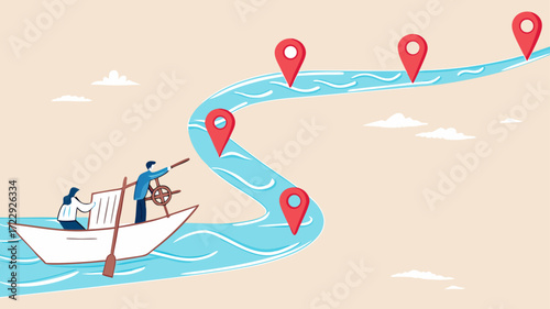 employee career roadmap to success, route or pathway to achieve goals, accomplishment, milestone or career path achievement, businessman with employee sail towards achievement milestone to success