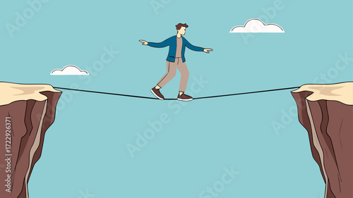 two cliff concept illustration with a Businessman crosses gap between cliffs using rope, business risk symbol, determination, motivation concept