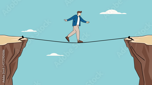 two cliff concept illustration with a Businessman crosses gap between cliffs using rope, business risk symbol, determination, motivation concept